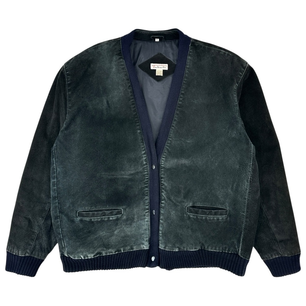 Vintage Talbots Black Suede Leather V-Neck Bomber Jacket with Navy Knit Trim - L